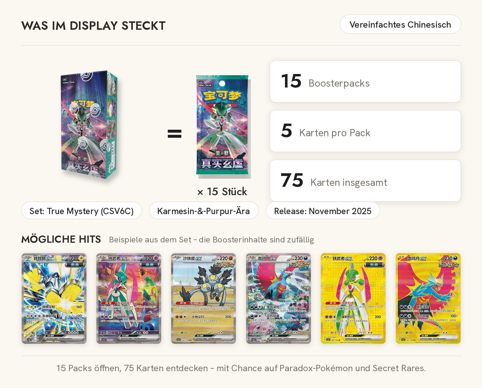 Inhalt des Pokémon True Mystery Displays CSV6C: 15 Boosterpacks mit je 5 Karten (75 Karten), vereinfachtes Chinesisch – mögliche Hits u. a. Eisenhand-ex, Eisenkrieger-ex und Donnersichel-ex